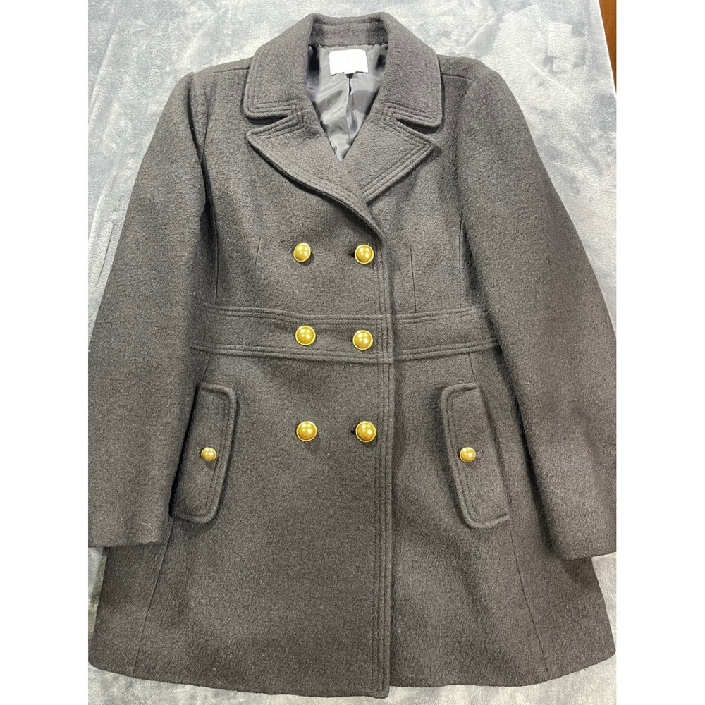 LOFT Black Wool Blend Double Breasted Military Pea Coat Brass Buttons Size 14